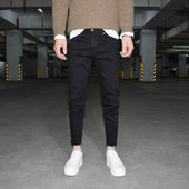 男士 时尚 猫须九分裤 纯黑色光板小脚牛仔裤 青年韩版 修X身弹力铅笔