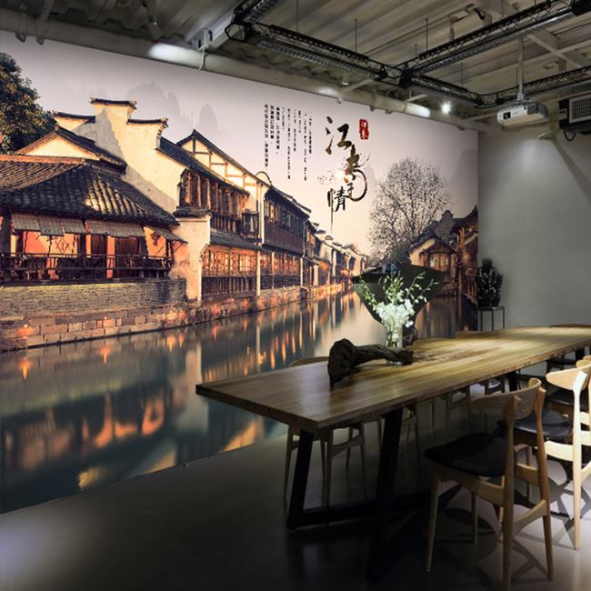 速发Living room hotel dmural 3D wallpaper Jiangnan Water Tow