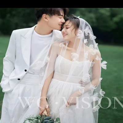 白色烧边绢纱绢花婚纱日韩式新娘2米头纱N头拍照结婚婚礼配饰品
