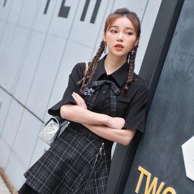 显瘦短裙子f+衬衫裙连衣裙衬衣复古港味2020新款夏季