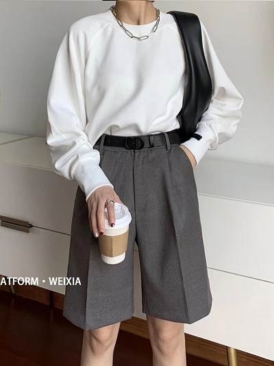 五分裤女直筒港味202q0夏季韩版宽松五分黑色西装裤休闲阔腿中裤