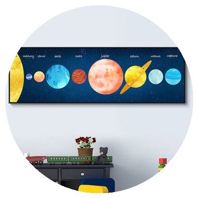 网红彩色星球儿童房装饰画卡通太阳系宇宙挂画男孩床头卧室壁画图片