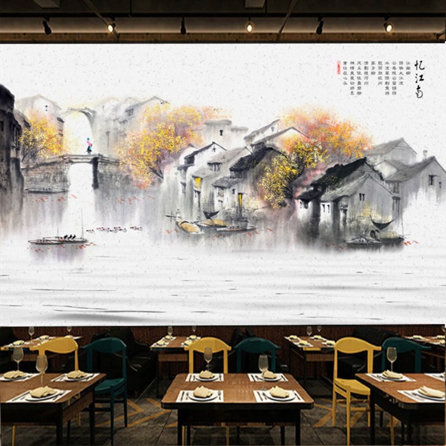 极速Living room hotel dmural 3D wallpaper Jiangnan Water Tow