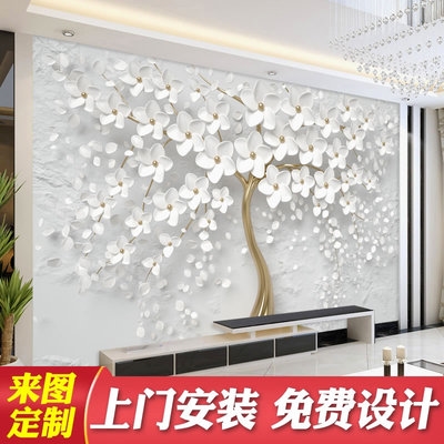 摇钱树电视背景墙壁纸银色立体墙纸大D气客厅5D壁画8d影视墙布装