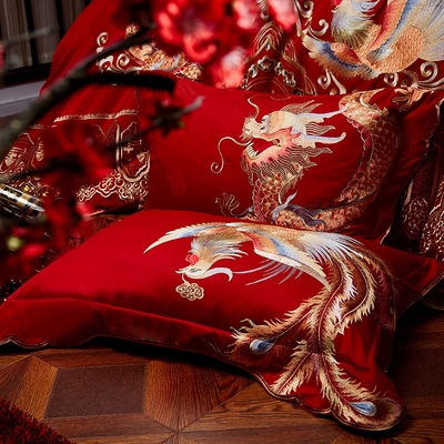 婚庆四件组全棉纯棉大p红色婚床喜被刺绣床单被套龙凤结婚床上用