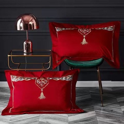 一对装纯棉全棉枕头套48x74绣B花刺绣大红色婚庆喜庆结婚单人枕套