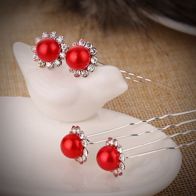 速发red and white diamond pearl hair pin hair accessories we