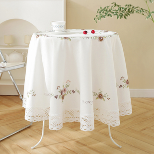 唯米5154简约百搭白色棉纱刺绣餐桌布布艺圆形桌布家用蕾丝台布