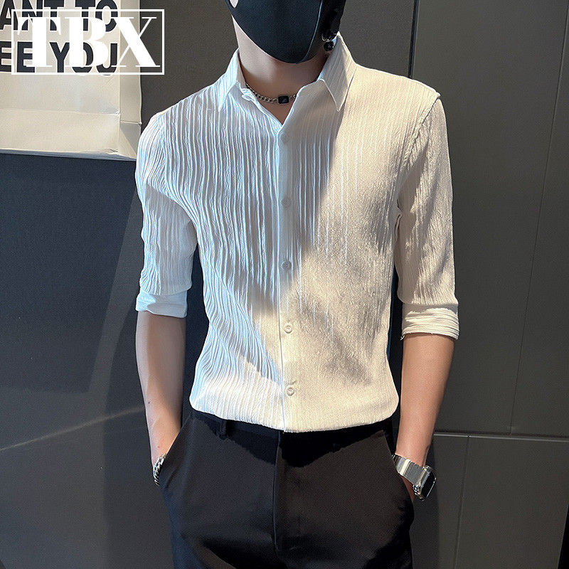 冰丝短袖衬衫男士夏季薄款痞帅潮休闲修身七分袖衬衣男款2026新款