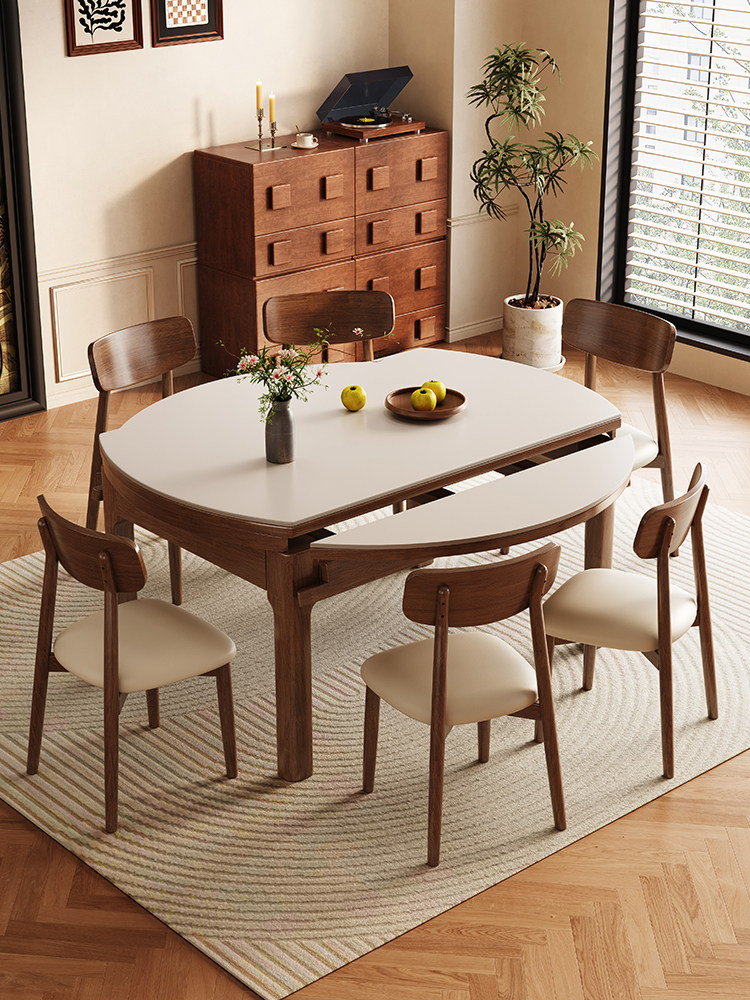 政府补贴蓝色理想中古风实木岩板餐桌椅组合家用小户型可变圆桌子