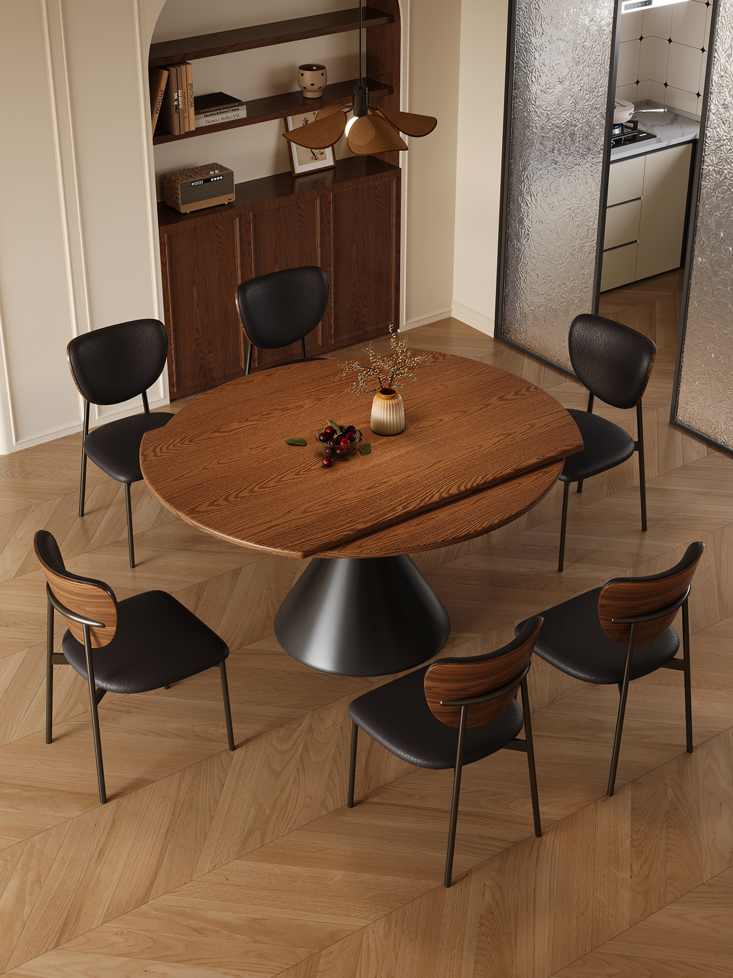 法式复古风白蜡木纹可伸缩实木餐桌可变圆桌家用小户型折叠两用桌