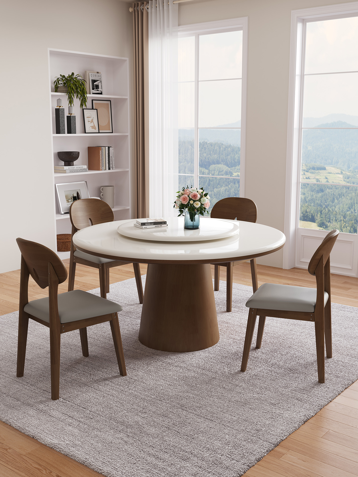 中古风天然大理石圆桌带转盘实木家用圆形餐桌椅现代简约轻奢饭桌