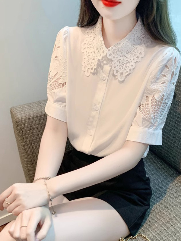 镂空刺绣雪纺衬衫女夏季2026新款洋气时尚小衫设计感蕾丝短袖上衣
