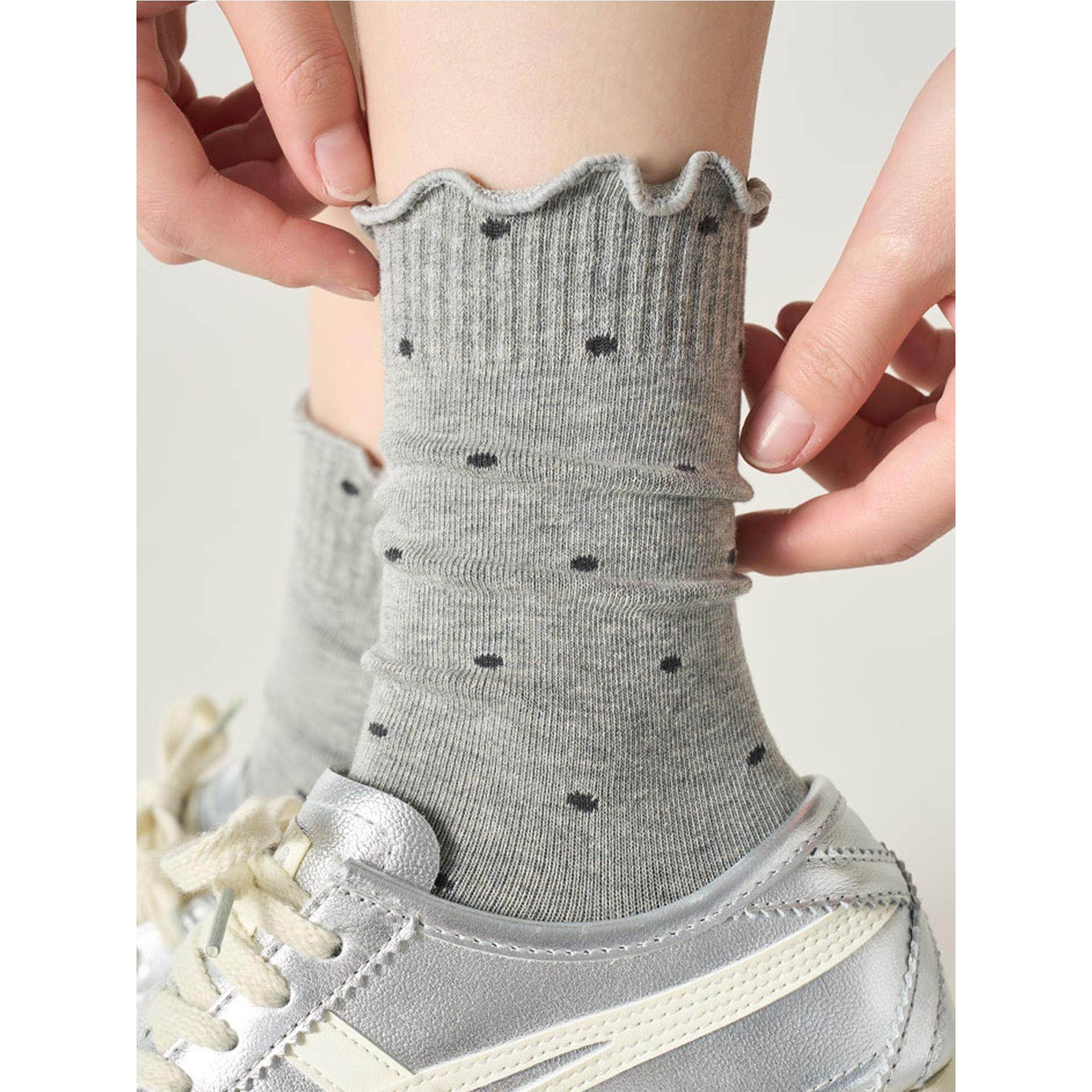 格蕾系灰色小腿袜子男日系木耳边波点中筒袜miu系圆点花边堆堆袜