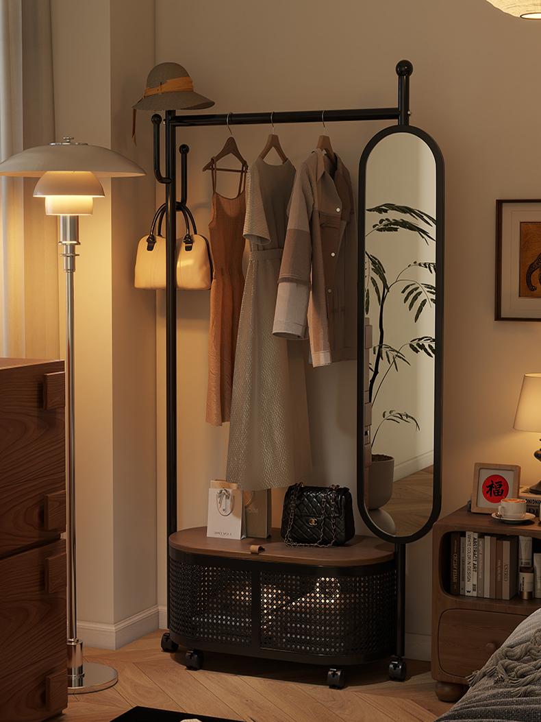 可移动挂衣架带镜子卧室落地式全身镜一体衣帽架试衣镜子置物架子