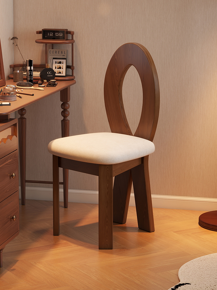 复古实木梳妆椅中古侘寂风靠背椅卧室梳妆台轻奢椅子法式化妆凳子