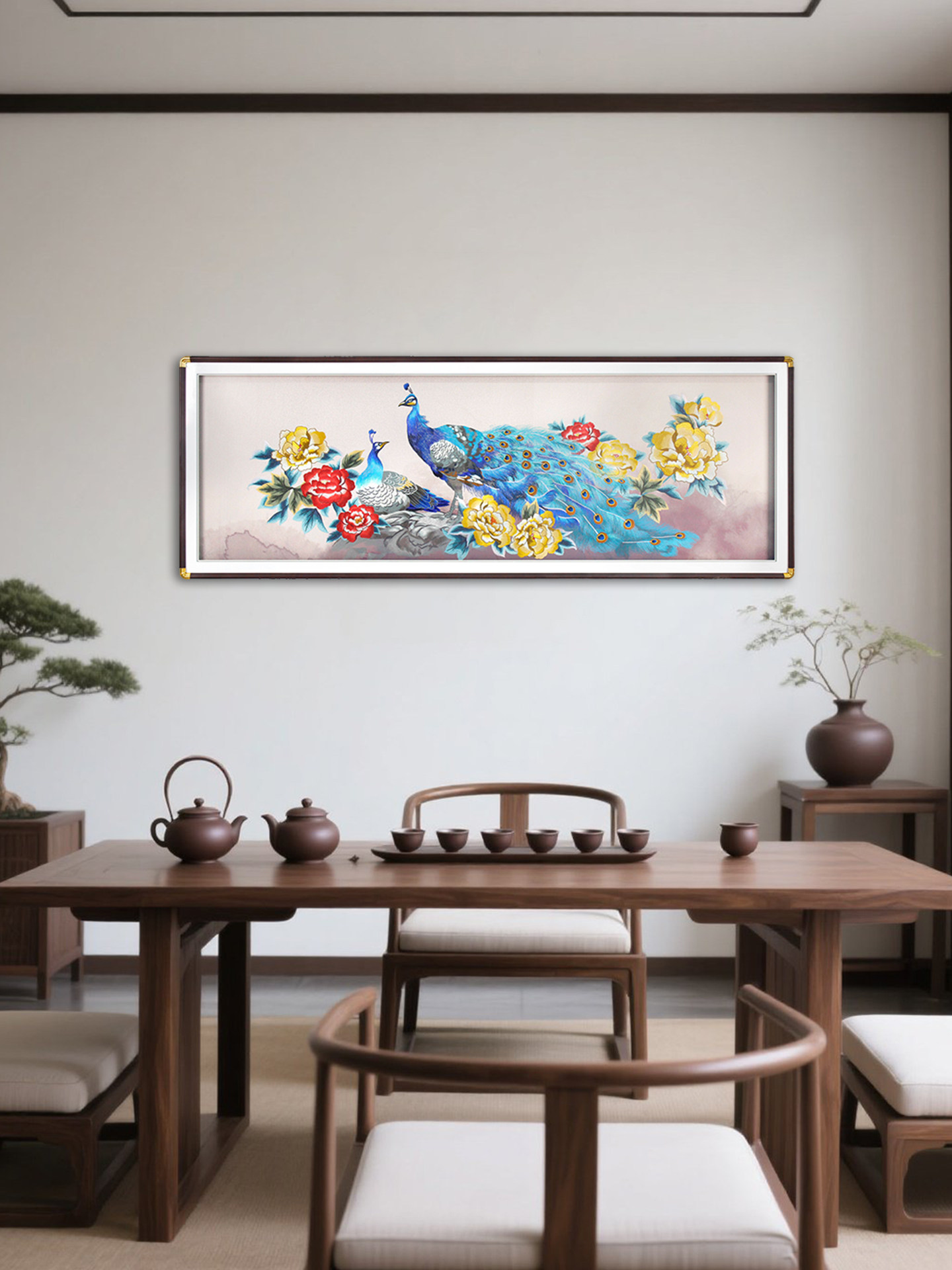 花开富贵茶室挂画温馨高级感孔雀壁画轻奢非遗苏绣装饰画牡丹国画