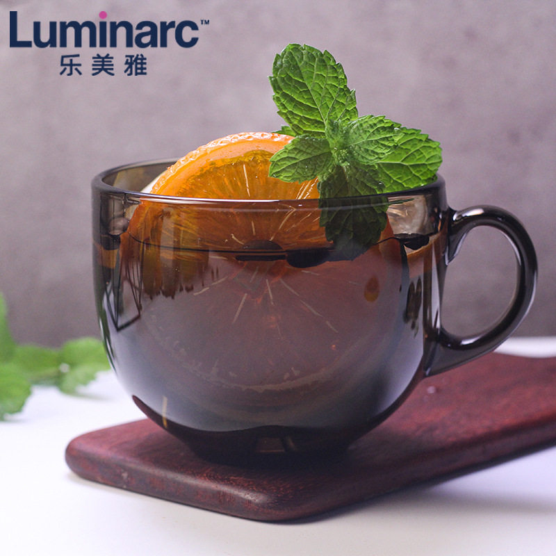 乐美雅进口暮光钢化玻璃把杯大号奶杯饭碗餐盘琥珀茶色餐具早餐杯