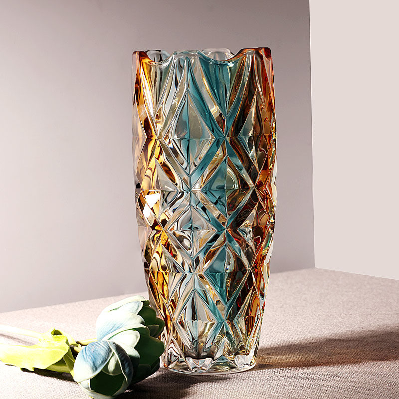 轻奢翡翠金水晶玻璃花瓶大圆口养富贵竹鲜花30cm金典客厅插花摆件