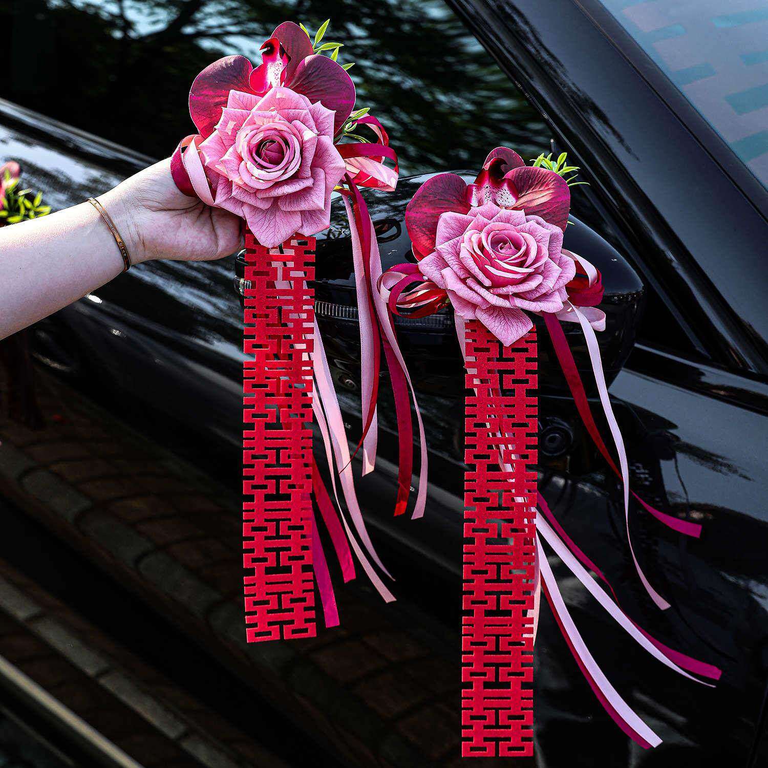 婚车装饰拉花仿真玫瑰花主副婚车点缀花后视镜花车头花车车队套装