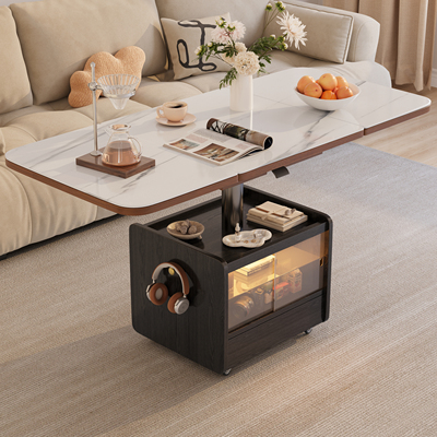 日式实木茶桌升降茶几餐桌两用折叠伸缩北欧复古风可移动沙发边几