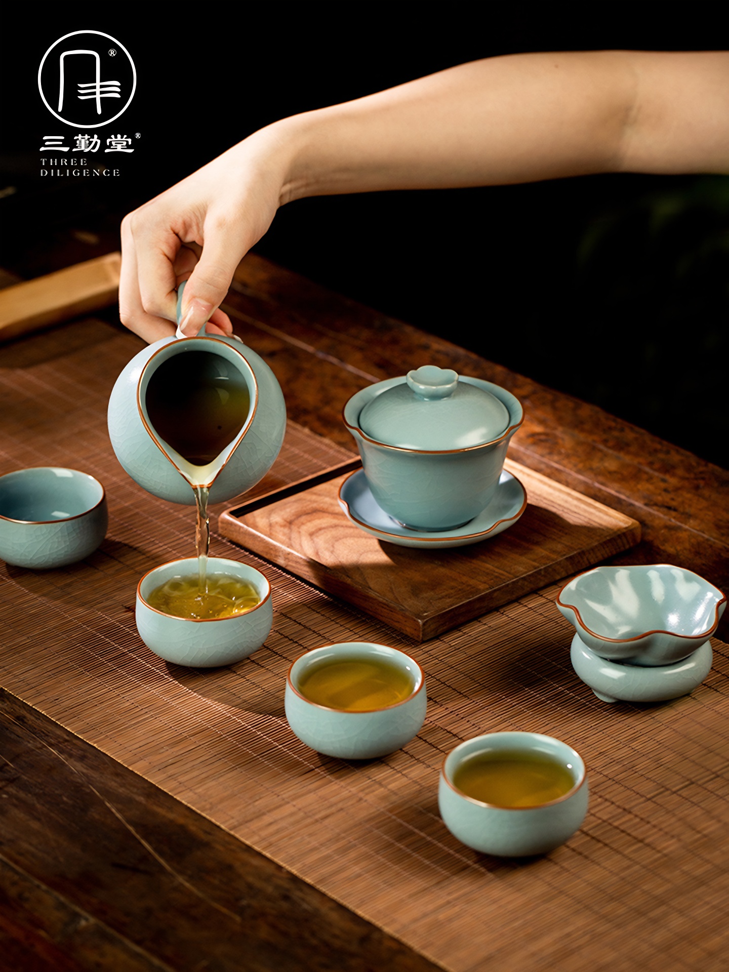 三勤堂汝窑高档功夫茶具套装家用茶壶泡茶景德镇陶瓷茶杯办公会客