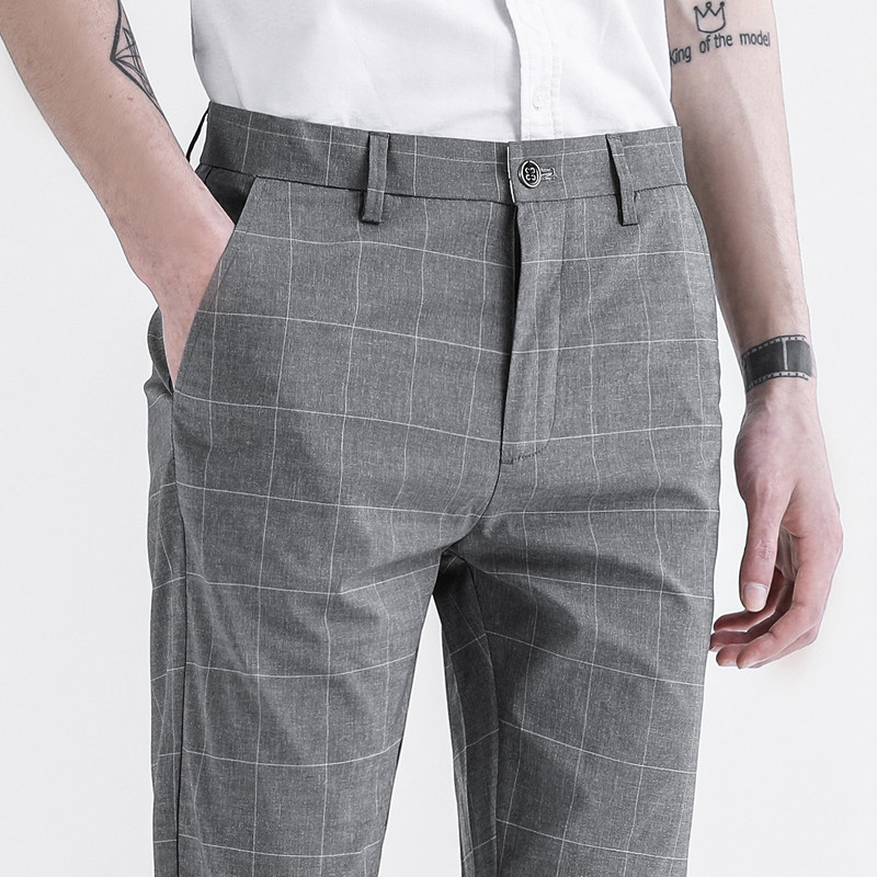 潮牌2026夏季薄款格子休闲西裤男韩版潮流修身小脚九分裤商务百搭