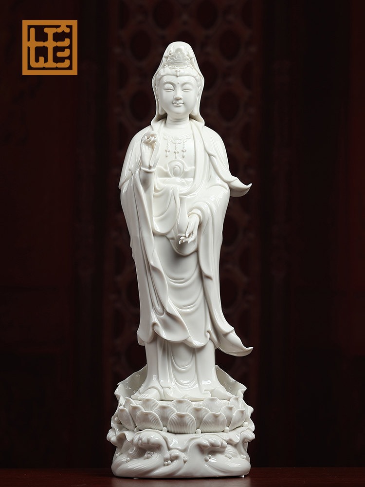 七珍陶瓷南海观音菩萨佛像摆件站立像观世音菩萨德化白瓷家用供奉
