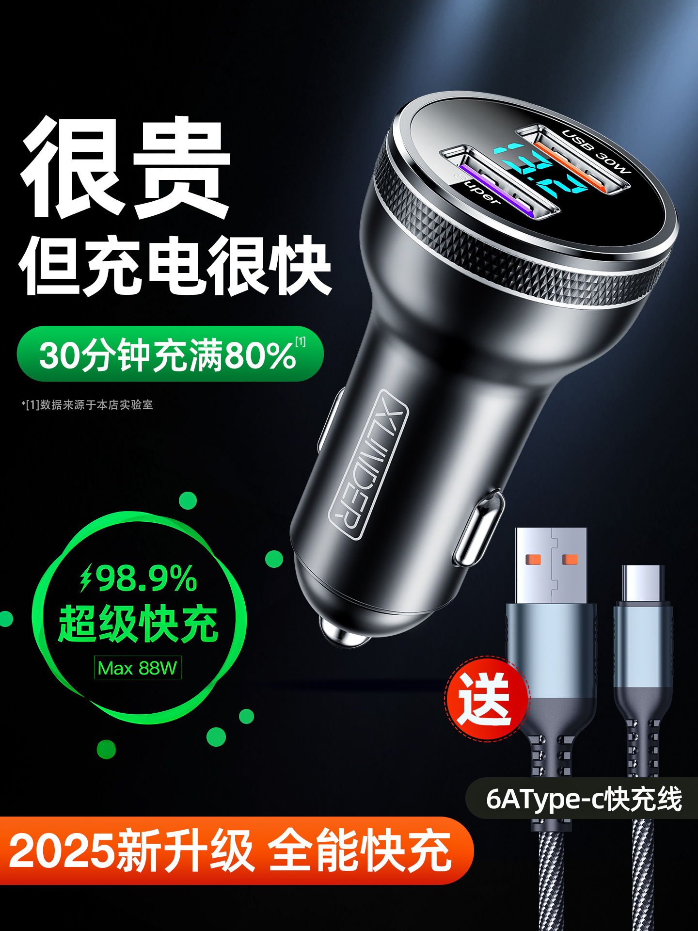车载充电器120w超级快充头手机车充点烟器小车快速转换插头汽车用
