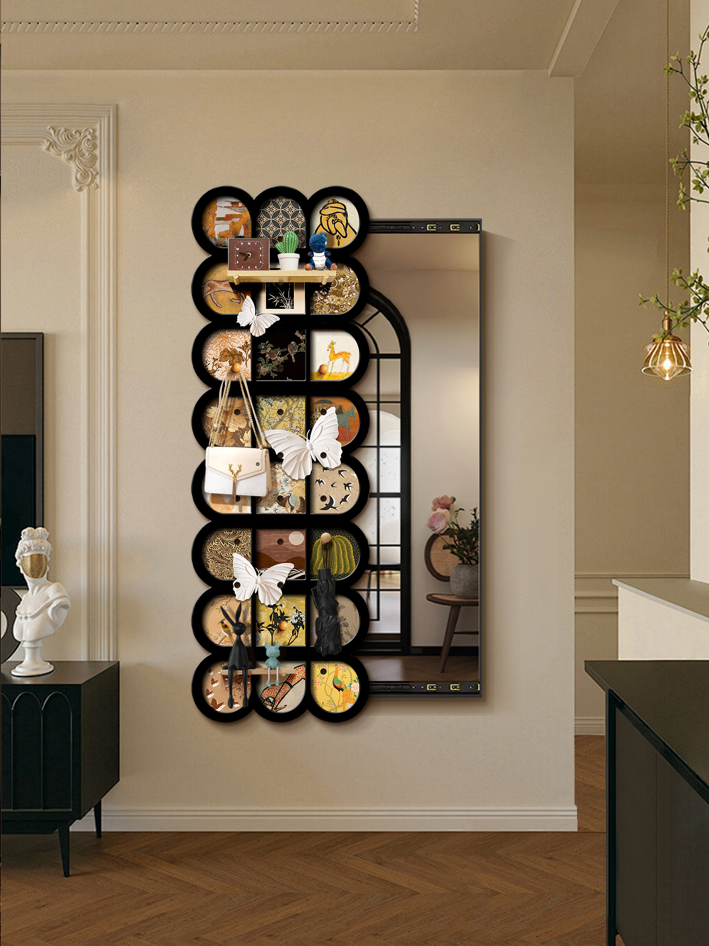 中古风隐藏式穿衣镜2025新款洞洞板置物架一体全身镜进门推拉镜子