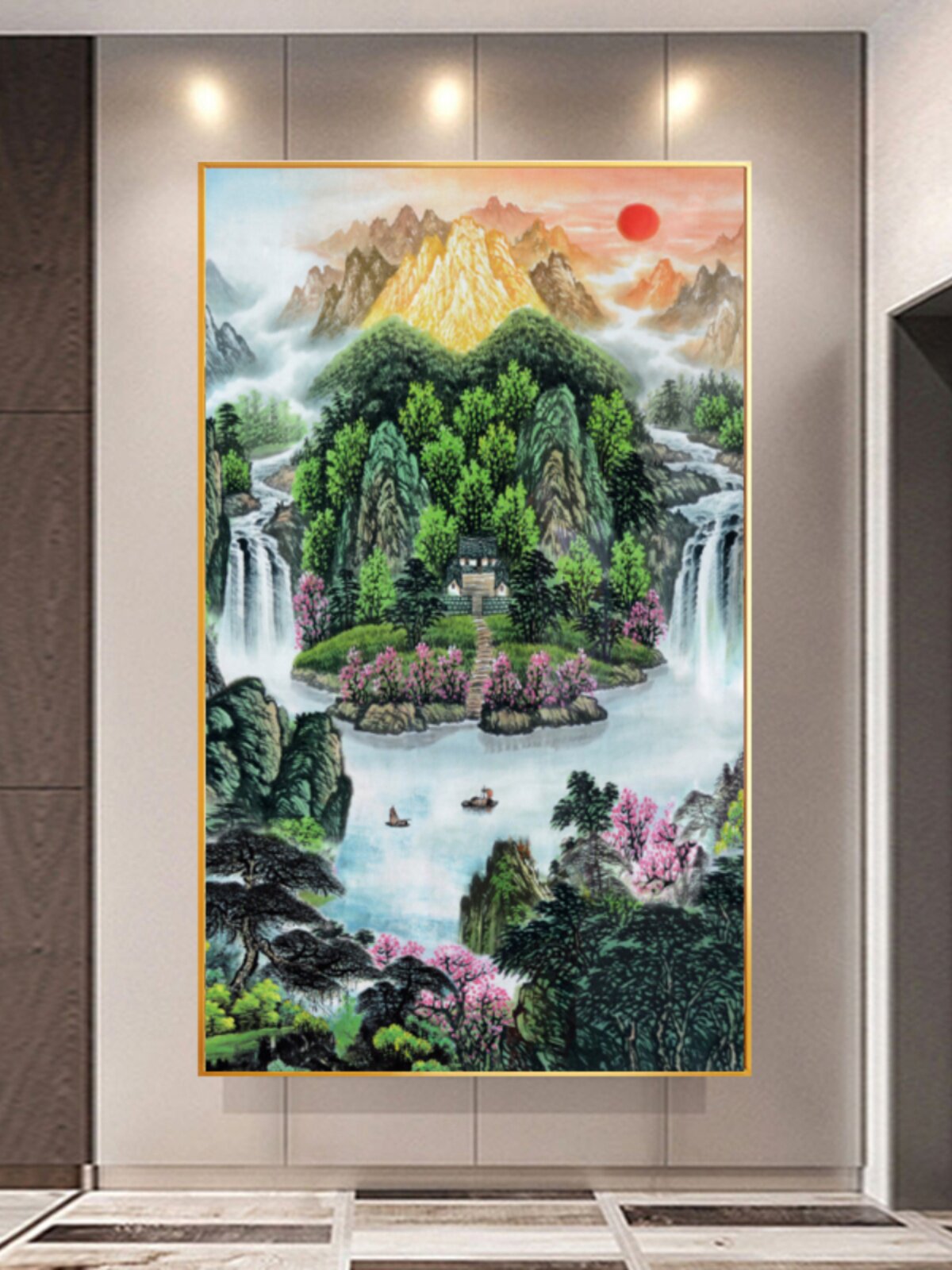 聚财风水画旭日东升聚宝盆入户玄关正对门八方来财高山流水挂画竖