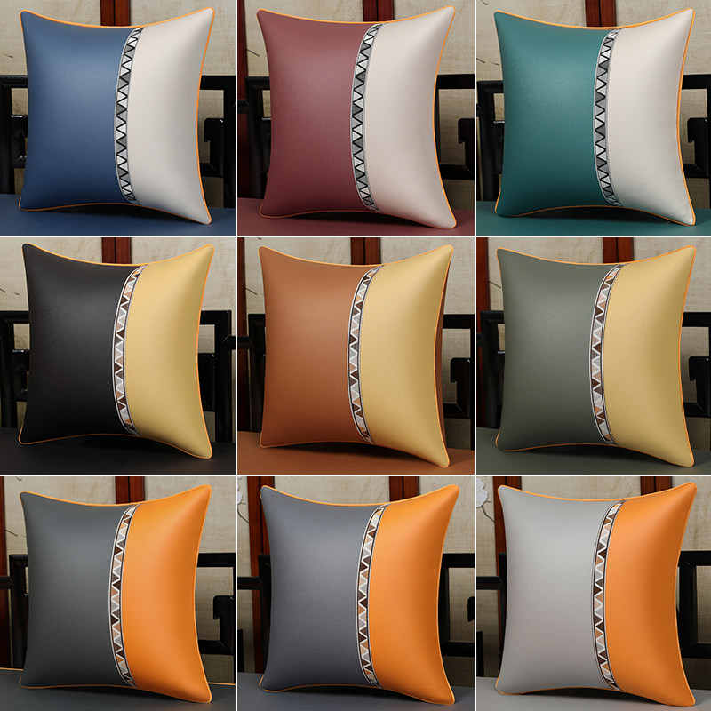 高级抱枕科技布抱枕轻奢橙色客厅皮沙发床头大靠背垫拼色靠枕套