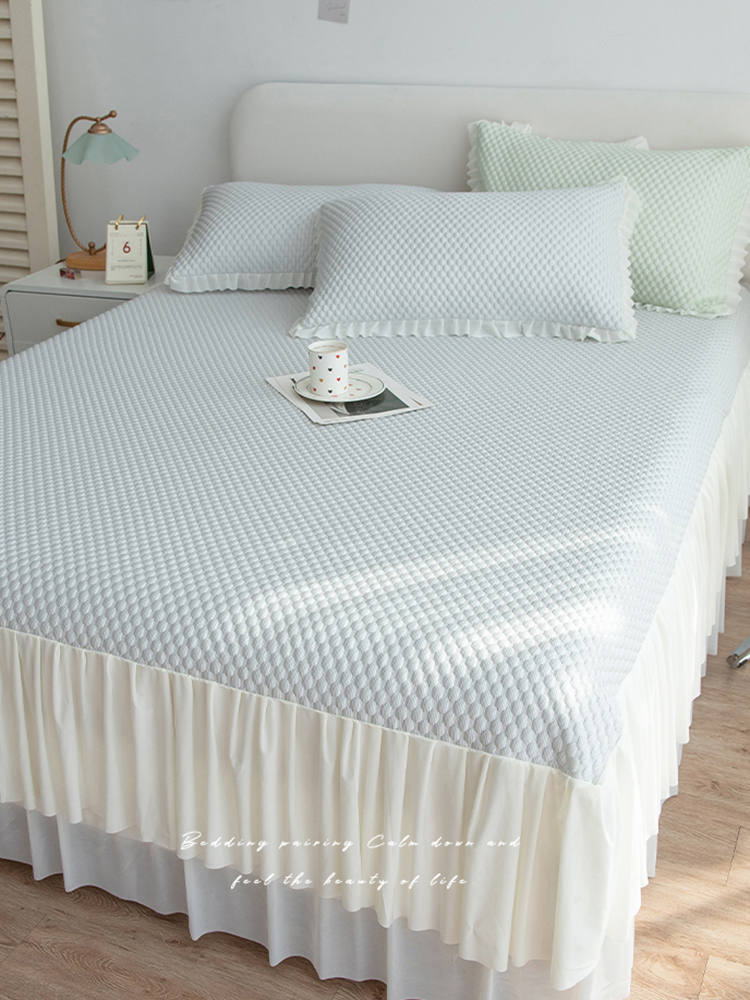 冰豆豆凉感夏季冰丝凉席三件套可水洗可折叠夏凉席蕾丝床裙款席子