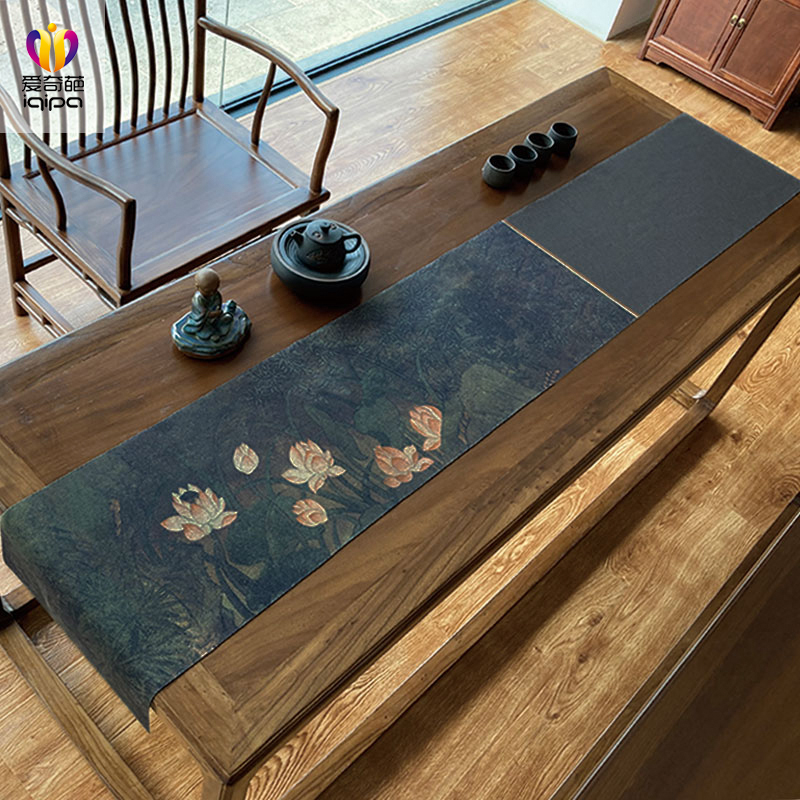 爱奇葩 原创法海寺荷花茶席防水中式禅意茶桌垫布长桌布桌旗茶旗