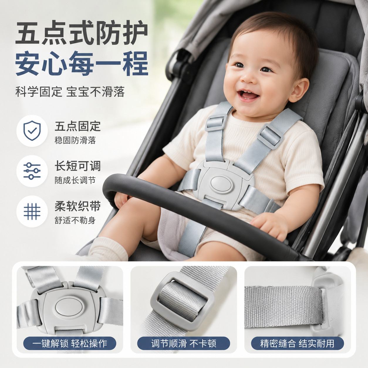 婴儿车安全带五点式婴幼儿推车餐椅通用固定带加厚款儿童保护肩带