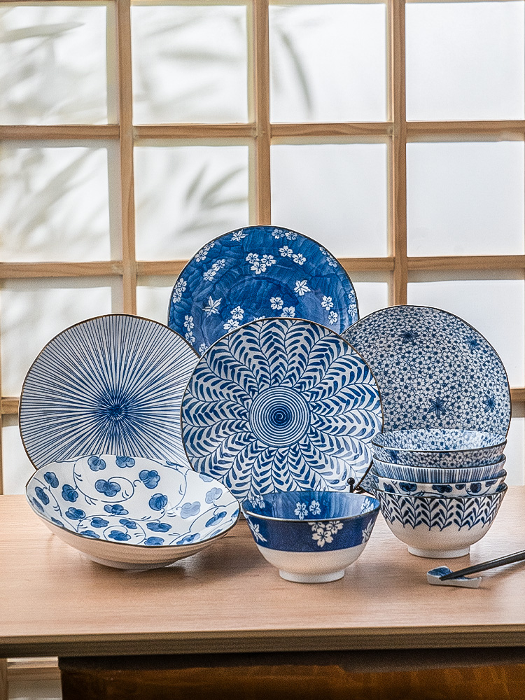美浓烧日式进口碗盘套装家用创意和风碗碟餐具陶瓷釉下彩饭碗盘子
