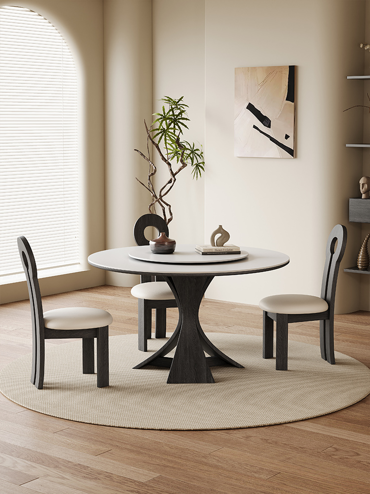 纯白岩板餐桌法式复古圆桌带转盘家用小户型意式6人圆形实木餐桌