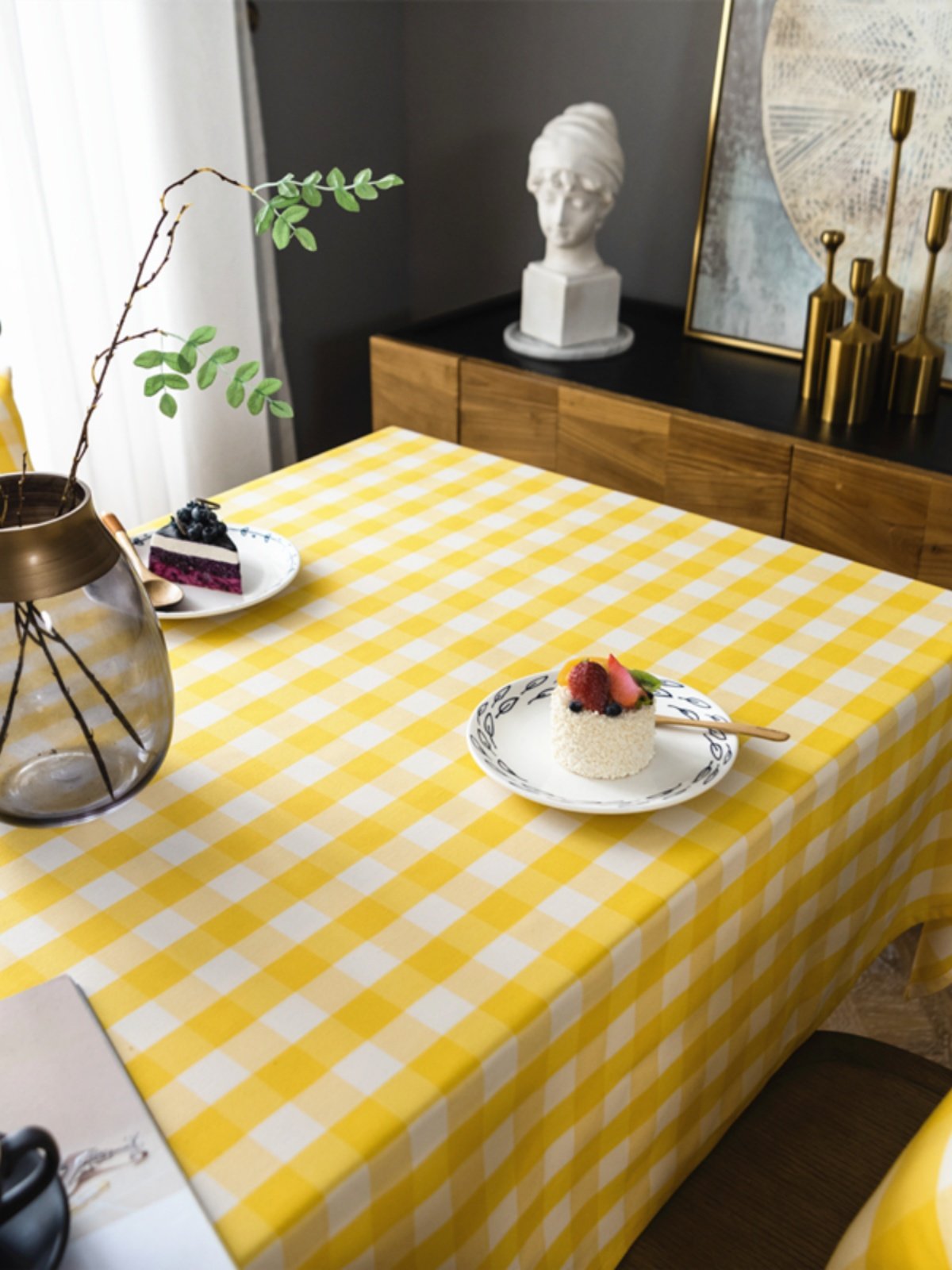 经典黄色格子棉麻布艺粉色格子北欧简约现代蕾丝边餐桌布茶几台布