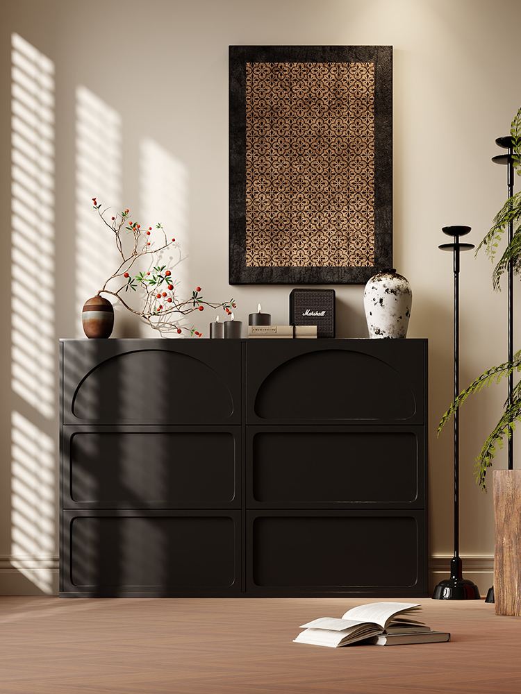 黑色实木翻斗鞋柜超薄家用门口中古侘寂风鞋柜玄关柜2024新款爆款