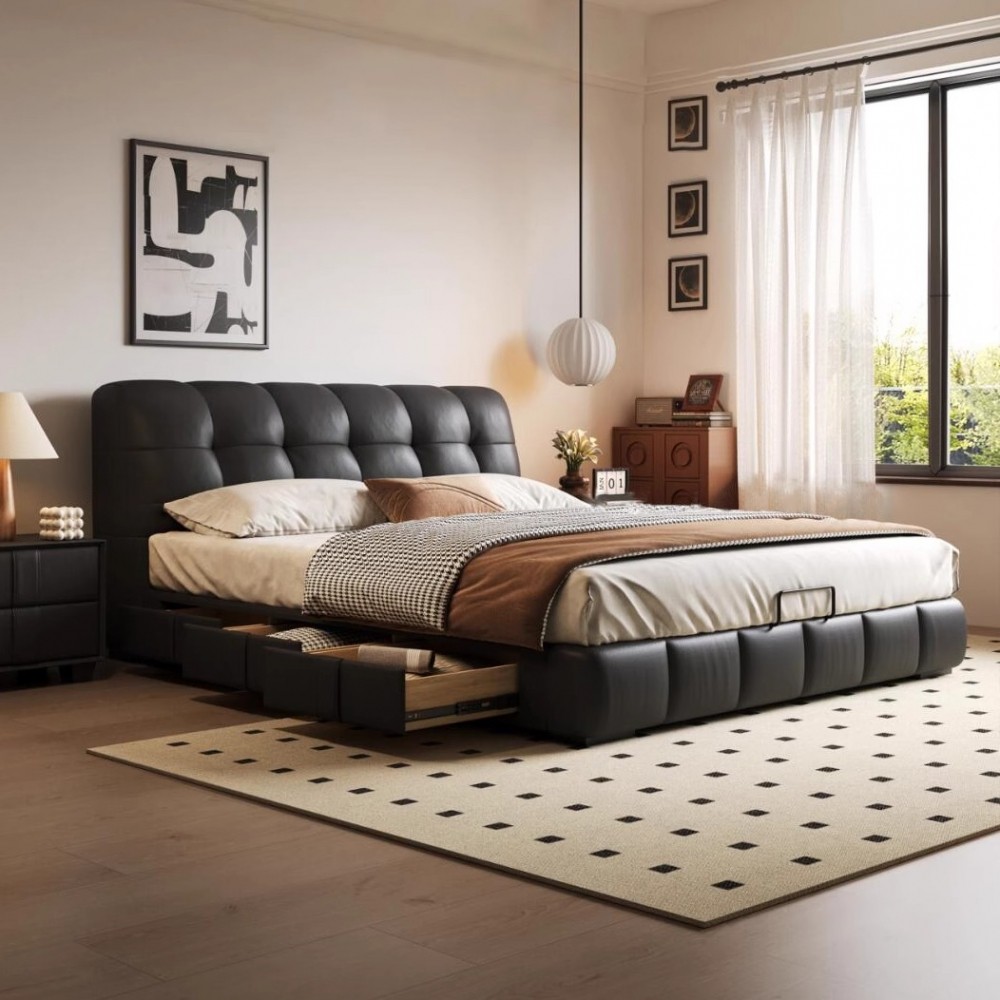 政府补贴床真皮泡芙法式复古风主卧室双人中古风高箱储物带抽屉床