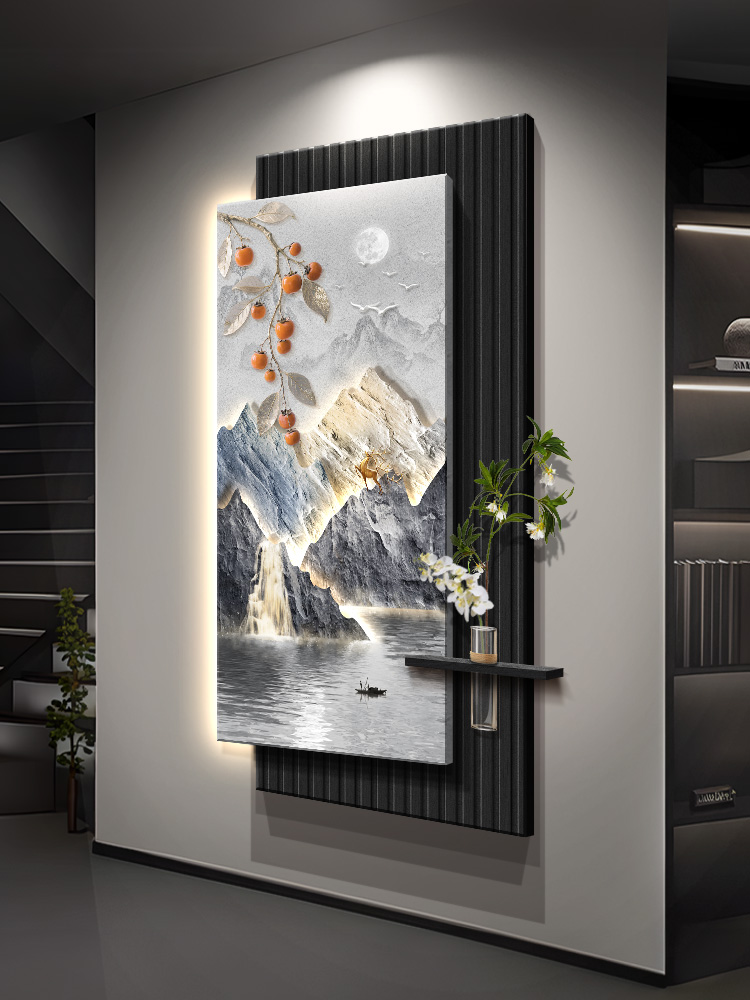 流水生财轻奢玄关装饰画水培绿植入户正对门挂画走廊过道尽山水画