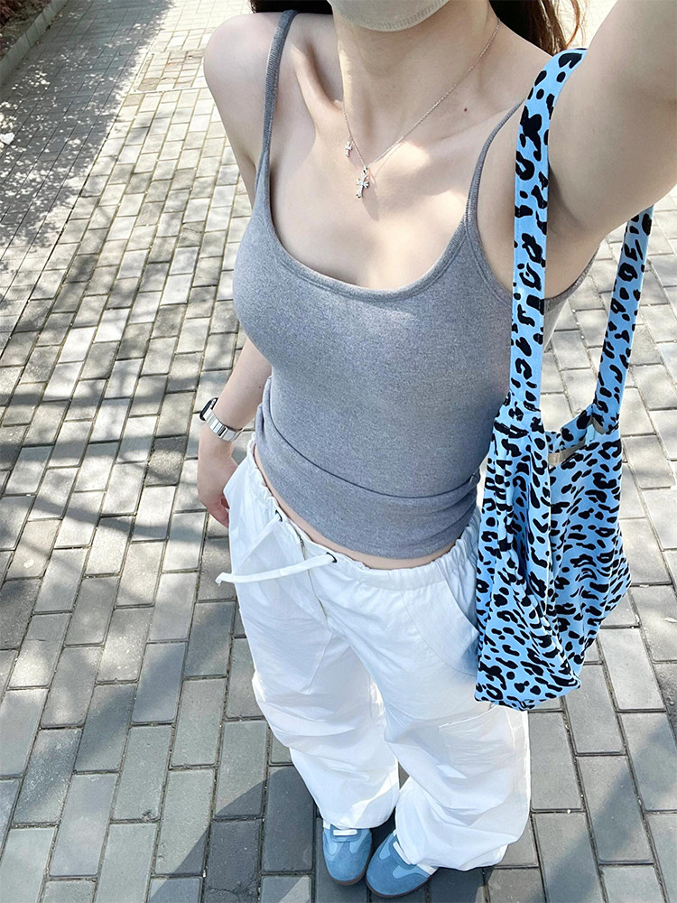 灰色背心女内搭夏季薄款外穿带胸垫性感小吊带可拆卸修身无袖上衣