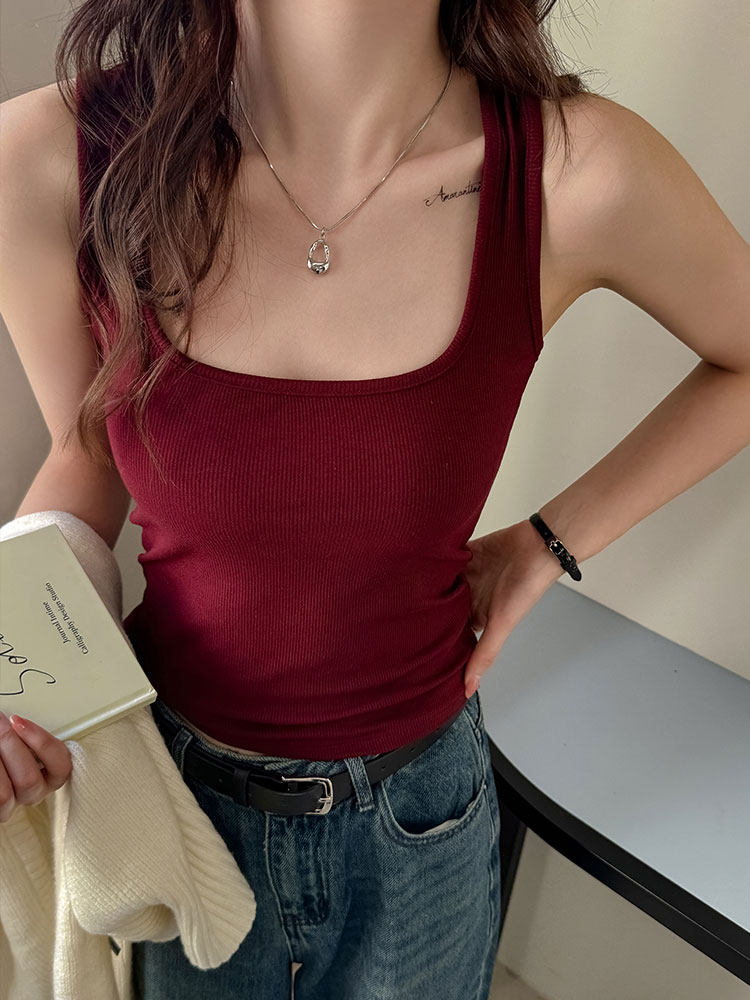 红色复古吊带背心女夏2026新款方领针织美背内搭宽肩显瘦外穿上衣