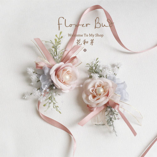 原创手工清新香槟粉玫瑰森系叶子手花胸花新娘伴娘姐妹团手腕花