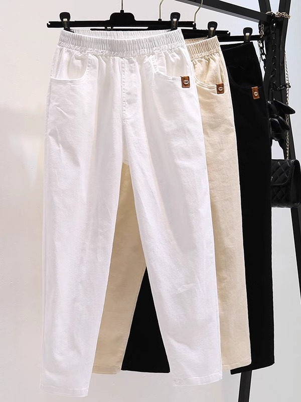 白色老爹裤子女夏季新品宽松牛仔棉小个子八九分哈伦萝卜裤春秋款