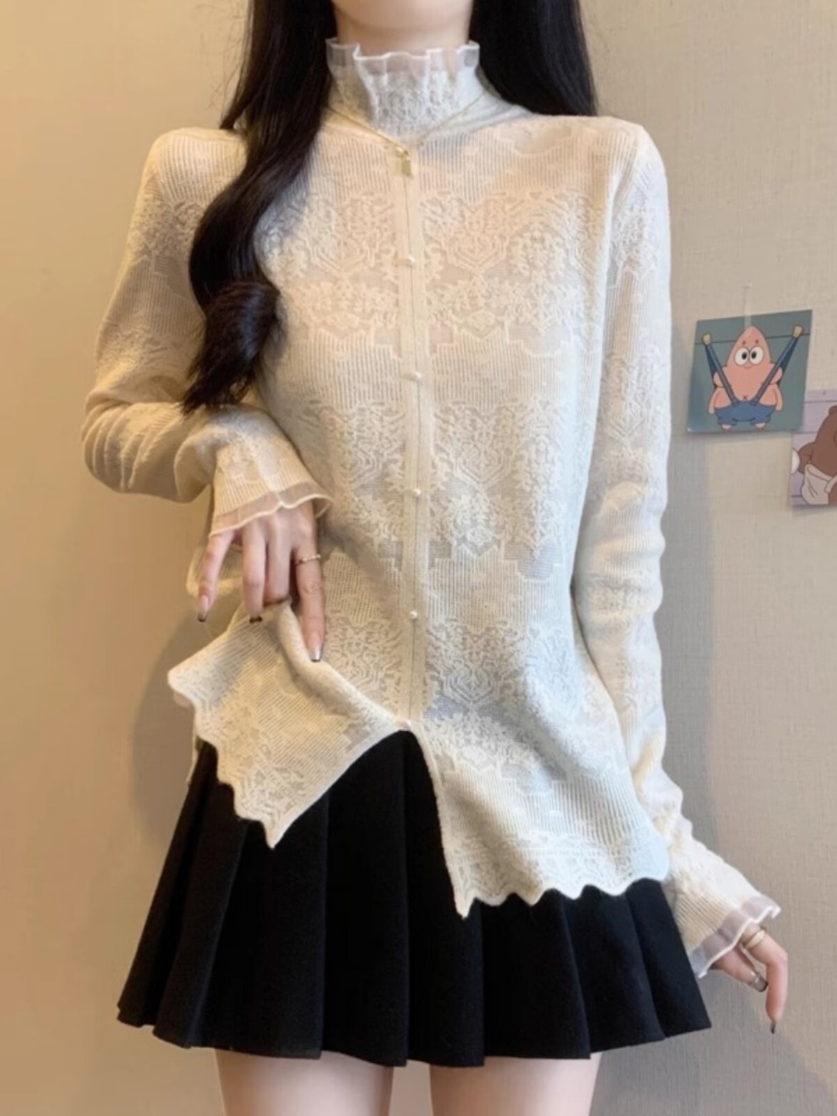 大码高级感半高领白色蕾丝打底衫女春秋季内搭毛衣针织衫欧货上衣