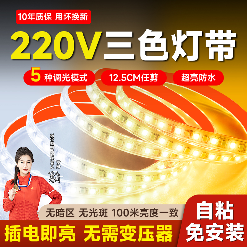 三色变光自粘220v灯带室内客厅天花板吊顶户外防水氛围led软灯条
