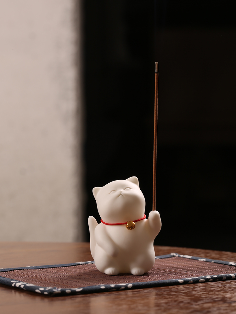 熹言可爱猫咪香插小香炉陶瓷摆件香座家用室内点线香底座香盘香托