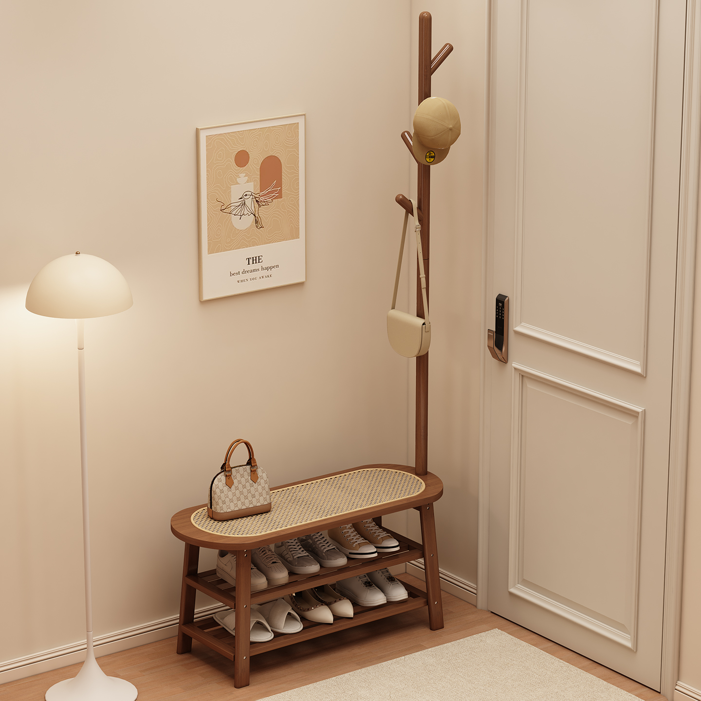 实木藤编换鞋凳挂衣架一体家用门口可坐鞋柜穿鞋凳子入户门衣帽架