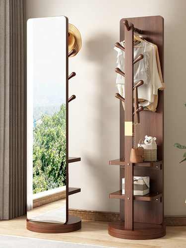 实木全身镜落地镜家用卧室可旋转移动试衣镜子带挂衣架一体穿衣镜